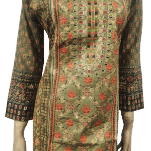 অলিভ গ্রীন ফুল এমব্রয়ডারি কটন থ্রি-পিস (Kurti Only)