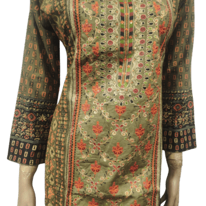 অলিভ গ্রীন ফুল এমব্রয়ডারি কটন থ্রি-পিস (Kurti Only)